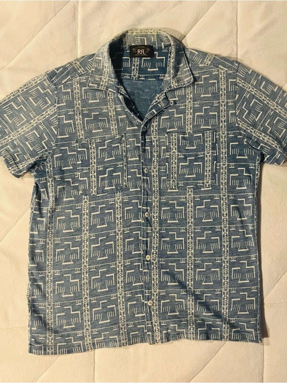 Ralph Lauren Double RRL Blue Native American Eagle Button Camp Shirt Size Large